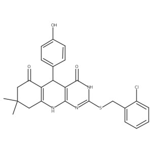 2-((2-chlorobenzyl)thio)-5-(4-hydroxyphenyl)-8,8-dimethyl-7,8,9,10-tetrahydropyrimido[4,5-b]quinoline-4,6(3H,5H)-dione结构式