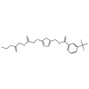Ethyl 2-(2-((5-((3-(trifluoromethyl)benzamido)methyl)-1,3,4-oxadiazol-2-yl)thio)acetamido)acetate结构式