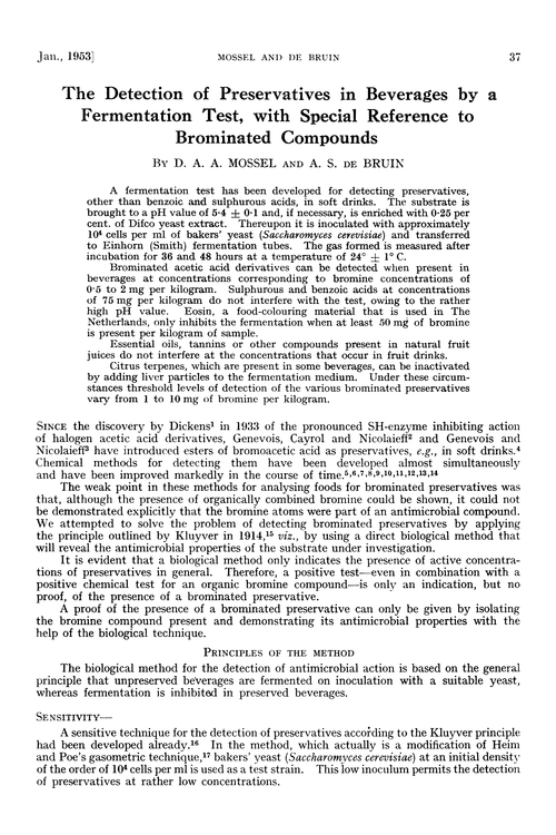 The detection of preservatives in beverages by a fermentation test, with special reference to brominated compounds
