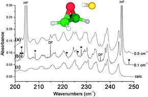 Graphical abstract: Intermolecular vibrations of (CH2)2O–HF and –DF hydrogen bonded complexes investigated by Fourier transform infrared spectroscopy and ab initio calculations