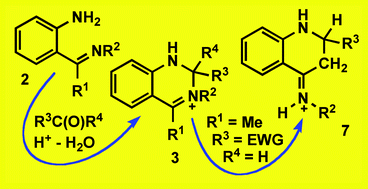 Graphical abstract: Synthesis of a family of 3-alkyl- or 3-aryl-substituted 1,2-dihydroquinazolinium salts and their isomerization to 4-iminium-1,2,3,4-tetrahydroquinolines