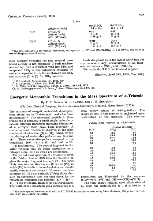 Energetic metastable transitions in the mass spectrum of s-triazole