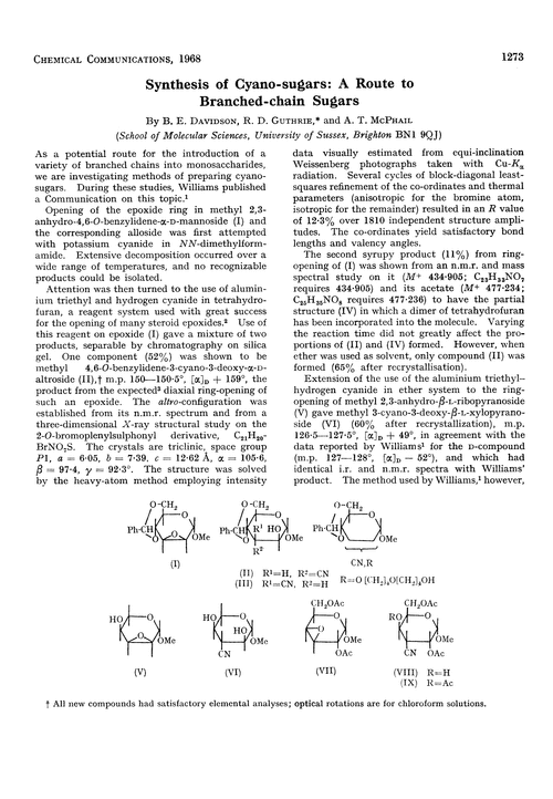 Synthesis of cyano-sugars: a route to branched-chain sugars