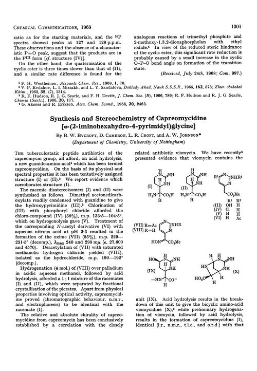 Synthesis and stereochemistry of capreomycidine [α-(2-iminohexahydro-4-pyrimidyl)glycine]