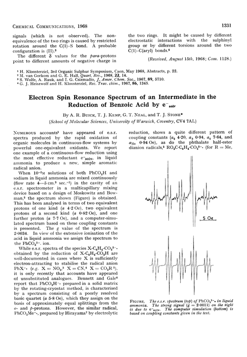 Electron spin resonance spectrum of an intermediate in the reduction of benzoic acid by e–solv