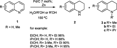 Graphical abstract: An efficient one pot transfer hydrogenation and N-alkylation of quinolines with alcohols mediated by Pd/C/Zn