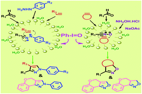 Graphical abstract: PhIO promoted synthesis of nitrile imines and nitrile oxides within a micellar core in aqueous media: a regiocontrolled approach to synthesizing densely functionalized pyrazole and isoxazoline derivatives