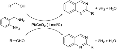 Graphical abstract: Acceptorless dehydrogenative synthesis of 2-substituted quinazolines from 2-aminobenzylamine with primary alcohols or aldehydes by heterogeneous Pt catalysts