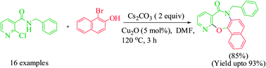 Graphical abstract: Ligand-free copper-catalyzed efficient one-pot access of benzo[b]pyrido[3,2-f][1,4]oxazepinones through O-heteroarylation-Smiles rearrangement-cyclization cascade
