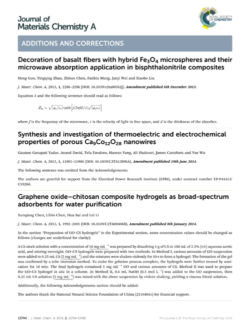 Additions and corrections for Journal of Materials Chemistry A published 2nd December 2013 to 19th June 2014