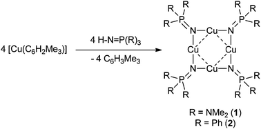Graphical abstract: Why are the {Cu4N4} rings in copper(i) phosphinimide clusters [Cu{μ-N [[double bond, length as m-dash]] PR3}]4 (R = NMe3 or Ph) planar?
