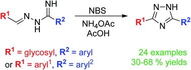 Graphical abstract: Synthesis of 5-aryl-3-C-glycosyl- and unsymmetrical 3,5-diaryl-1,2,4-triazoles from alkylidene-amidrazones