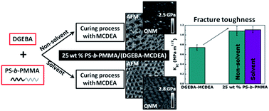 Graphical abstract: Enhancement of the mechanical properties at the macro and nanoscale of thermosetting systems modified with a polystyrene-block-polymethyl methacrylate block copolymer