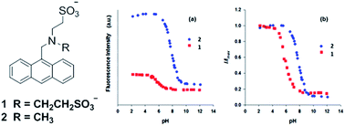 Graphical abstract: Water-soluble amino(ethanesulfonate) and [bis(ethanesulfonate)] anthracenes as fluorescent photoinduced electron transfer (PET) pH indicators and Fe3+ chemosensors