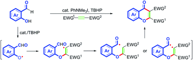 Graphical abstract: Metal-free catalytic cascade to chromones: direct coupling of salicylaldehydes and activated alkynes triggered by aryloxyl radicals