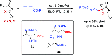 Graphical abstract: Highly enantioselective construction of tertiary thioethers and alcohols via phosphine-catalyzed asymmetric γ-addition reactions of 5H-thiazol-4-ones and 5H-oxazol-4-ones: scope and mechanistic understandings
