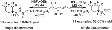 Graphical abstract: Diastereoselective synthesis of tetrahydropyrans via Prins–Ritter and Prins–arylthiolation cyclization reactions