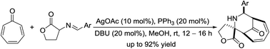 Graphical abstract: Ag-catalyzed diastereoselective [6 + 3] cycloaddition of tropone with homoserine lactone-derived azomethine ylides: synthesis of tricyclic spiropiperidines