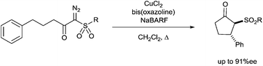 Graphical abstract: Enantioselective copper catalysed intramolecular C–H insertion reactions of α-diazo-β-keto sulfones, α-diazo-β-keto phosphine oxides and 2-diazo-1,3-diketones; the influence of the carbene substituent