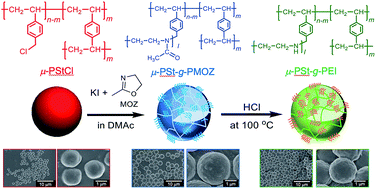 Graphical abstract: Sub-5 μm balls possessing forest-like poly(methyloxazoline)/polyethyleneimine side chains and templated silica microballs with unusual internal structures