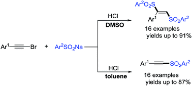 Graphical abstract: Acid-mediated sulfonylation of arylethynylene bromides with sodium arylsulfinates: synthesis of (E)-1,2-bis(arylsulfonyl)ethylenes and arylacetylenic sulfones