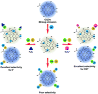 Graphical abstract: The use of S2O82− and H2O2 as novel specific masking agents for highly selective “turn-on” fluorescent switching recognition of CN− and I− based on Hg2+–graphene quantum dots