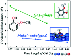 Graphical abstract: Hydrodeoxygenation of guaiacol over bimetallic Fe-alloyed (Ni, Pt) surfaces: reaction mechanism, transition-state scaling relations and descriptor for predicting C–O bond scission reactivity