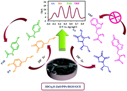 Graphical abstract: An electrochemical sensor based on reduced graphene oxide decorated with polypyrrole nanofibers and zinc oxide–copper oxide p–n junction heterostructures for the simultaneous voltammetric determination of ascorbic acid, dopamine, paracetamol, and tryptophan