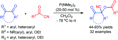 Graphical abstract: Chemoselective phosphine-catalyzed cyanoacylation of α-dicarbonyl compounds: a general method for the synthesis of cyanohydrin esters with one quaternary stereocenter