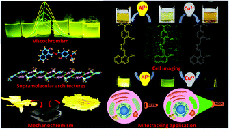 Graphical abstract: A viscochromic, mechanochromic, and unsymmetrical azine for selective detection of Al3+ and Cu2+ ions and its mitotracking studies