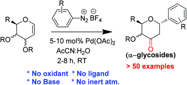 Graphical abstract: Palladium catalyzed stereocontrolled synthesis of C-aryl glycosides using glycals and arenediazonium salts at room temperature