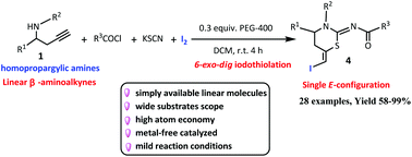 Graphical abstract: Metal-free multicomponent cascade reactions of homopropargylic amines and acyl chlorides as well as potassium thiocyanate and diiodine: an access to thiazine imides