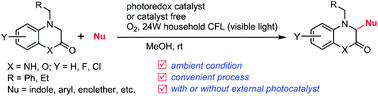 Graphical abstract: Visible-light-induced C(sp3)–H activation for a C–C bond forming reaction of 3,4-dihydroquinoxalin-2(1H)-one with nucleophiles using oxygen with a photoredox catalyst or under catalyst-free conditions