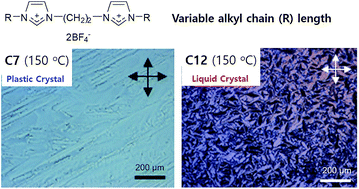 Graphical abstract: Interesting phase behaviors and ion-conducting properties of dicationic N-alkylimidazolium tetrafluoroborate salts