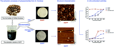 Graphical abstract: A comparative study on the structures of Grifola frondosa polysaccharides obtained by different decolourization methods and their in vitro antioxidant activities