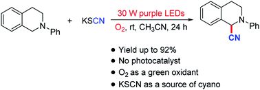 Graphical abstract: Oxidative cyanation of N-aryltetrahydroisoquinoline induced by visible light for the synthesis of α-aminonitrile using potassium thiocyanate as a “CN” agent