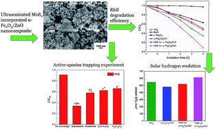 Graphical abstract: MoS2 nanosheet incorporated α-Fe2O3/ZnO nanocomposite with enhanced photocatalytic dye degradation and hydrogen production ability