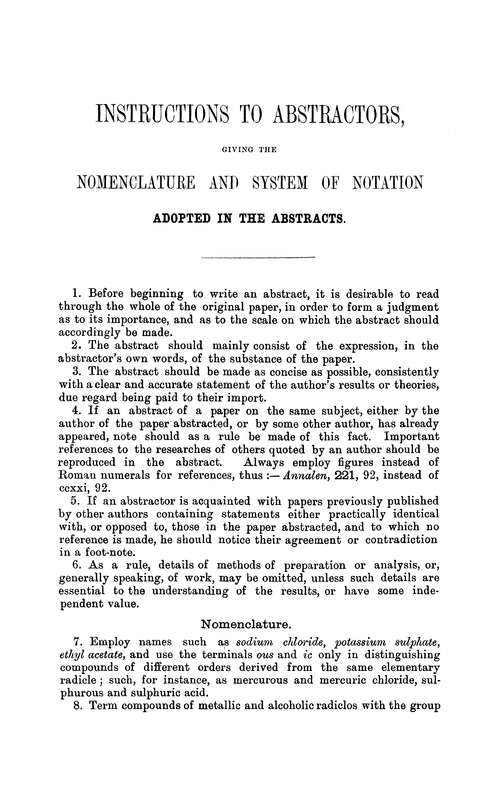 Instructions to abstractors, giving the nomenclature and system of notation, adopted in the abstracts