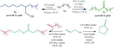 Graphical abstract: Dehydrogenative alcohol coupling and one-pot cross metathesis/dehydrogenative coupling reactions of alcohols using Hoveyda–Grubbs catalysts