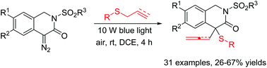 Graphical abstract: Syntheses of 4-allyl-/4-allenyl-4-(arylthio)-1,4-dihydroisoquinolin-3-ones via the photochemical Doyle–Kirmse reaction