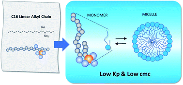 Graphical abstract: Thermodynamically stable structure of hydroxy alkane sulfonate surfactant monomers in water achieving high water solubility and a low CMC