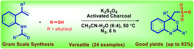 Graphical abstract: Persulfate-activated charcoal mixture: an efficient oxidant for the synthesis of sulfonated benzo[d][1,3]oxazines from N-(2-vinylphenyl)amides and thiols in aqueous solution