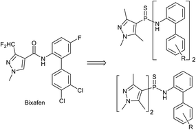 Graphical abstract: Facile synthesis and nematicidal activity evaluation of thiophosphinyl amide [(Pz)2P(S)NHR] and thiophosphonyl diamide [(Pz)P(S)(NHR)2] (Pz = 1,3,5-trimethylpyrazole, R = biphenyl derivatives)