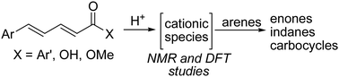 Graphical abstract: Reactions of linear conjugated dienone structures with arenes under superelectrophilic activation conditions. An experimental and theoretical study of intermediate multicentered electrophilic species