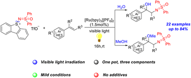 Graphical abstract: Visible light-mediated three-component functionalization of olefins with sulfoxyimidoylsulfonium salt for the synthesis of β-amino alcohols and amino ethers