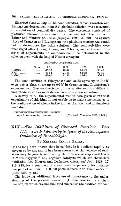 XIX.—The inhibition of chemical reactions. Part III. The inhibition by sulphur of the atmospheric oxidation of benzaldehyde