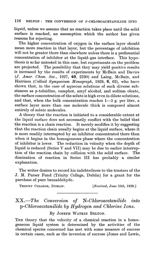 XX.—The conversion of N-chloroacetanilide into p-chloroacetanilide by hydrogen and chlorine ions