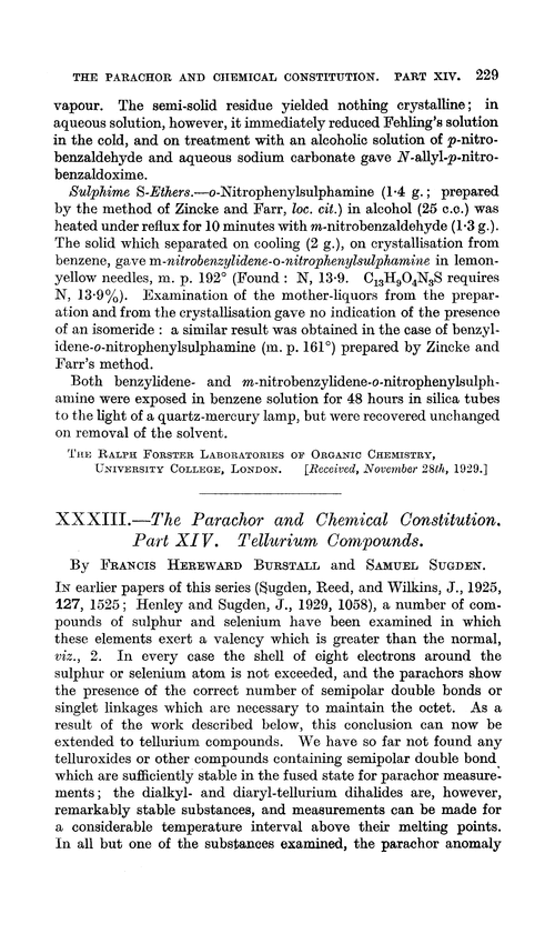 XXXIII.—The parachor and chemical constitution. Part XIV. Tellurium compounds