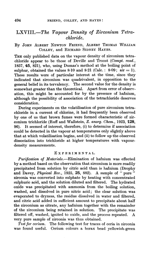 LXVIII.—The vapour density of zirconium tetrachloride