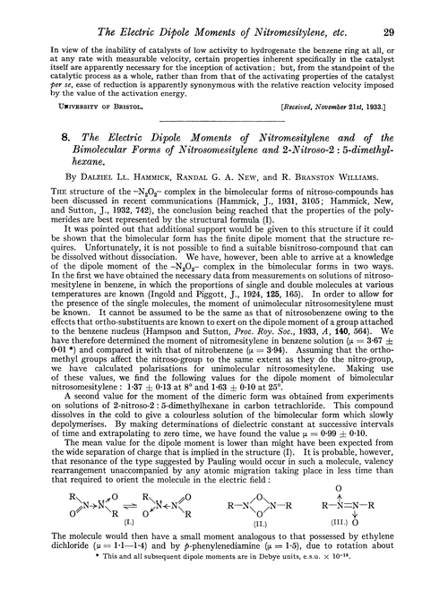 8. The electric dipole moments of nitromesitylene and of the bimolecular forms of nitrosomesitylene and 2-nitroso-2 : 5-dimethylhexane